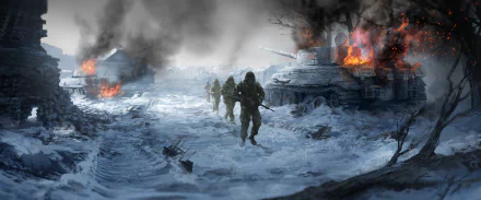 2K Quad HD PC desktop wallpaper and background: artistic winter military scene — soldiers advance across snow past burning tanks, smoke and fire under a gray sky.
