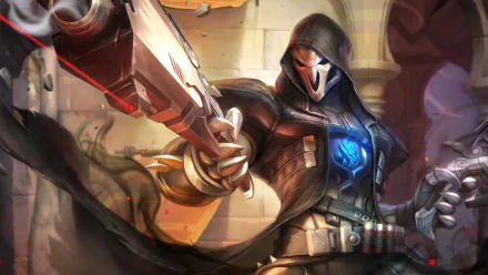 HD desktop wallpaper of Reaper from the video game Overwatch, featuring the character in a dynamic action pose with his guns drawn, set against a detailed backdrop.