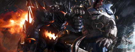 HD desktop wallpaper featuring characters Reinhardt and Roadhog from the video game Overwatch in a dramatic, intense battle scene.