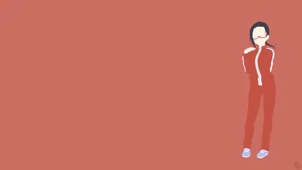 Minimalist 4K Ultra HD PC wallpaper featuring Sakie Satou from the anime Interviews With Monster Girls in a simple red tracksuit against a solid background.