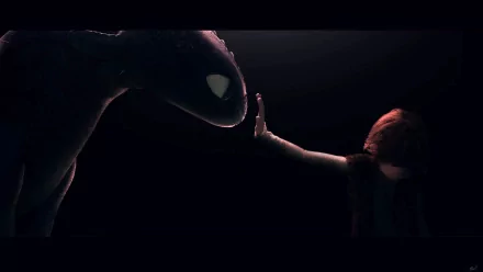 HD wallpaper of Toothless and Hiccup from How to Train Your Dragon movie, featuring a touching moment with dark, dramatic lighting.