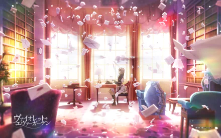 HD wallpaper featuring Violet Evergarden, an anime character, in an elegant room with bookshelves, large windows, and papers floating in the air, lit by warm sunlight.