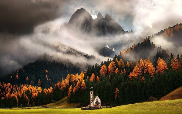 Religious Church Churches Building Nature Mountain Peak Fall Forest Fog HD Wallpaper | Background Image