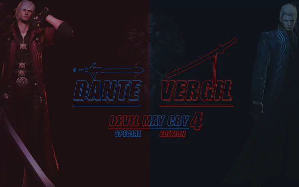 HD desktop wallpaper featuring Dante and Vergil from the video game Devil May Cry 4. Text in the center reads Dante Vergil Devil May Cry 4 Special Edition, with their respective images on either side.