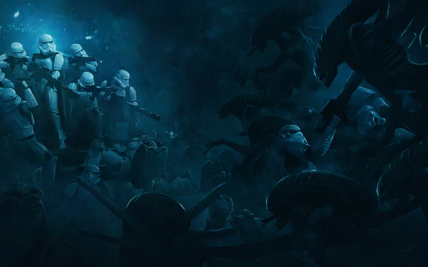 HD PC desktop wallpaper featuring a dramatic crossover battle between xenomorph aliens and stormtroopers in a dark, cinematic movie-style scene.