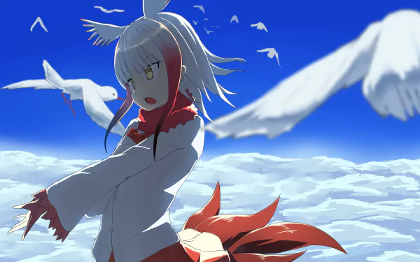 Anime-style Crested Ibis character from Kemono Friends soars with white birds against a bright blue sky in this 4K Ultra HD PC desktop wallpaper and background.