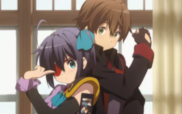 HD desktop wallpaper featuring Yūta Togashi and Rikka Takanashi from the anime Love, Chunibyo & Other Delusions, posing dramatically with serious expressions.