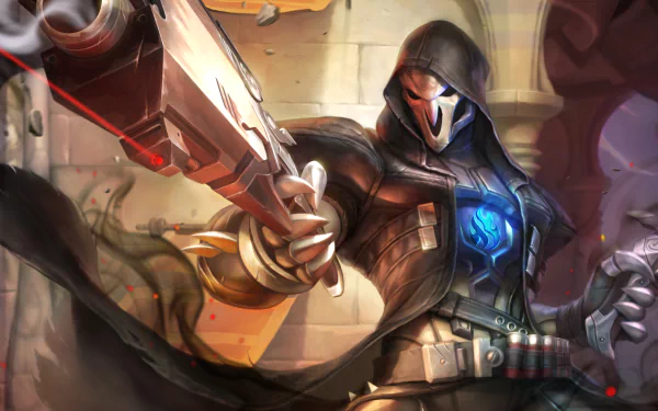 HD desktop wallpaper of Reaper from the video game Overwatch, featuring the character in a dynamic action pose with his guns drawn, set against a detailed backdrop.