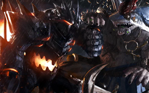 HD desktop wallpaper featuring characters Reinhardt and Roadhog from the video game Overwatch in a dramatic, intense battle scene.