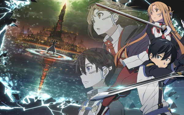 HD wallpaper from Sword Art Online: Ordinal Scale featuring Kazuto Kirigaya (Kirito) and Asuna Yuuki in dynamic poses against a dramatic background.