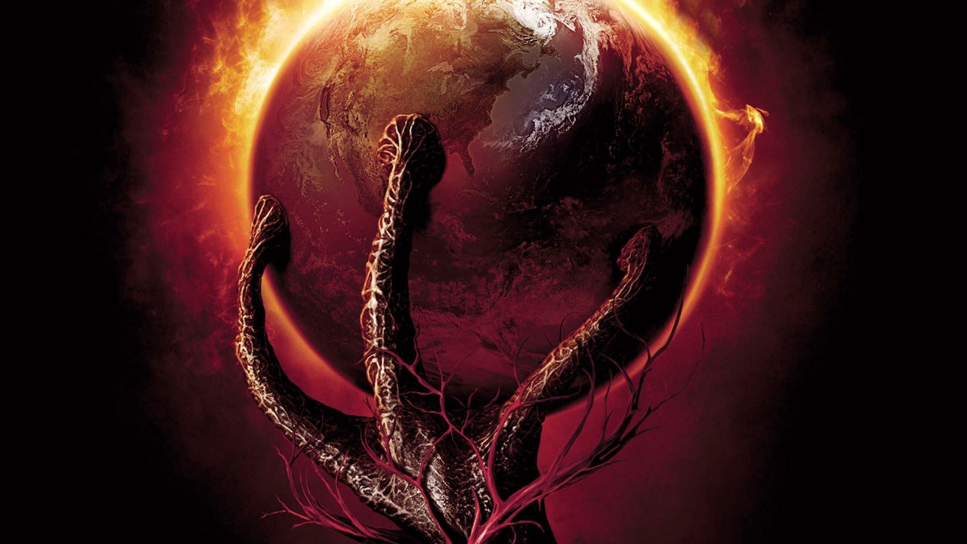 War Of The Worlds movie HD PC desktop wallpaper/background: burning red planet rimmed in fire, three dark twisted alien tentacles reaching toward it.