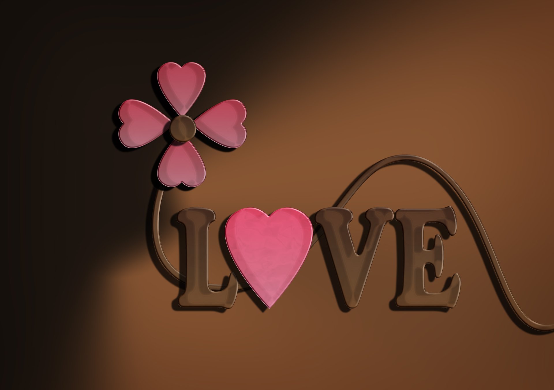 HD desktop wallpaper featuring an artistic design with a pink heart-shaped flower and the word LOVE on a brown background.