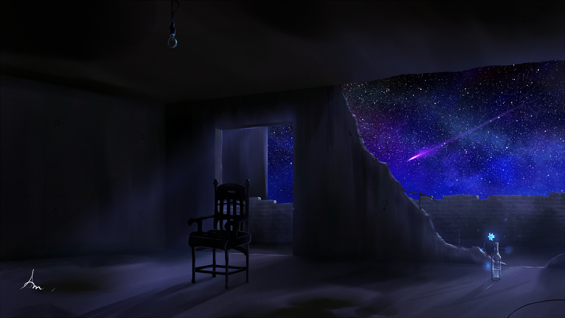 HD desktop wallpaper of an anime room with a broken wall revealing a vivid, star-studded night sky. The room features a single chair and a glowing light in the foreground.