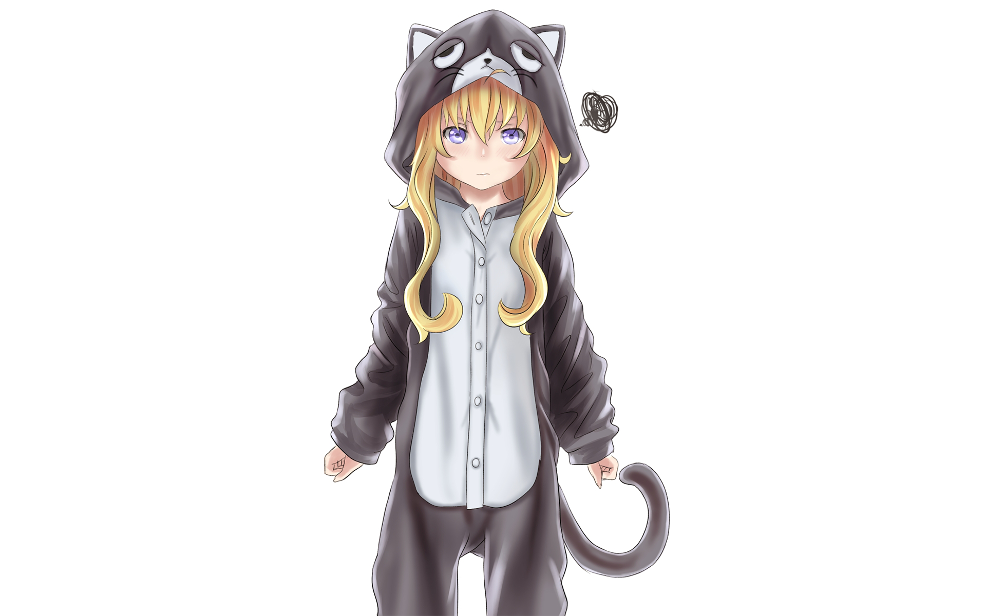 This HD desktop wallpaper features Gabriel Tenma White from the anime Gabriel DropOut, wearing a black cat-themed hooded onesie. She has purple eyes and blonde hair, creating a charming and whimsical scene.