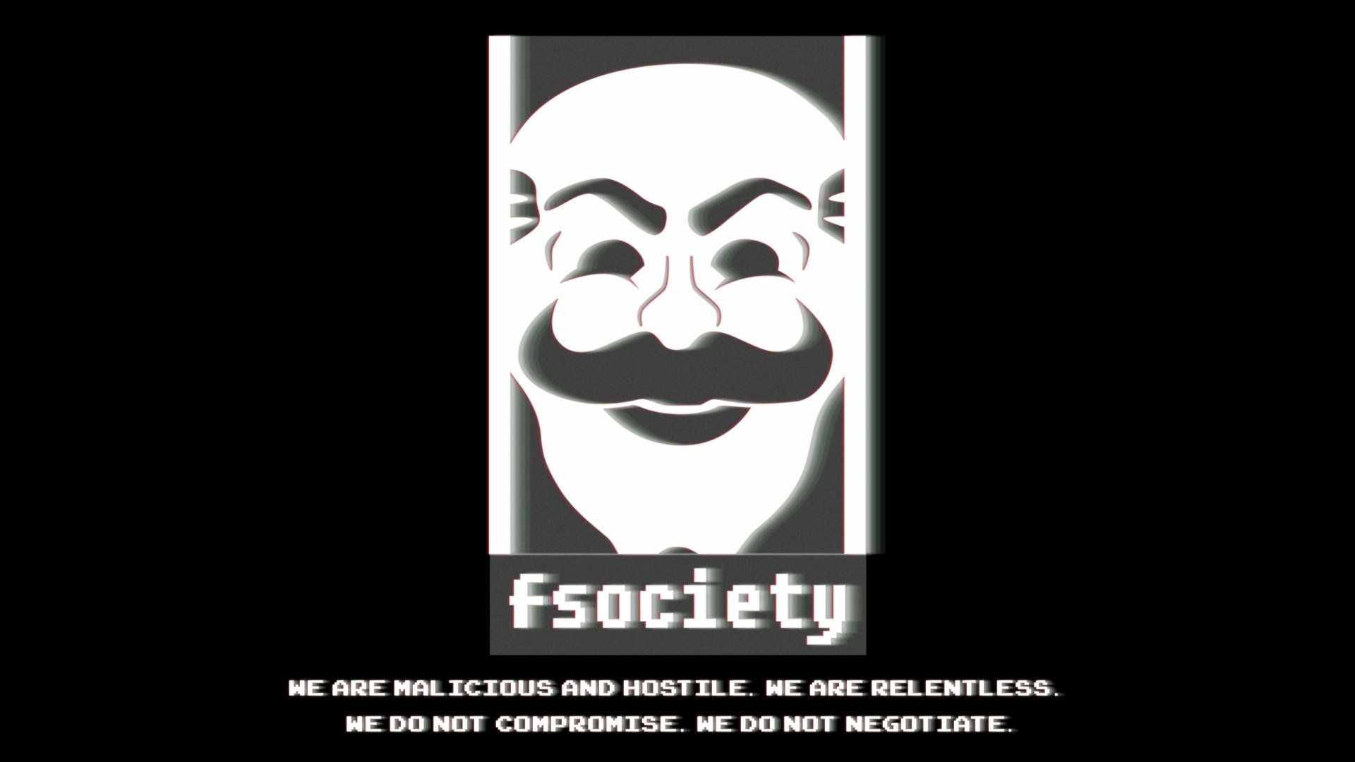 4K Ultra HD PC desktop wallpaper showing the white fsociety mask and pixelated fsociety caption on a black background — iconic graphic from the TV show Mr. Robot.