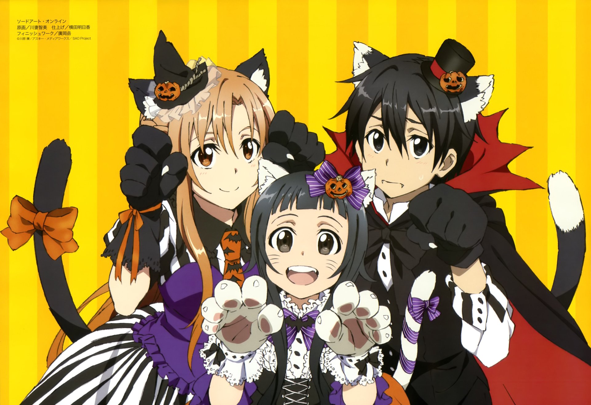 Anime-style Sword Art Online characters dressed in Halloween costumes with cat ears and paws, set against a yellow striped background in 4K Ultra HD.