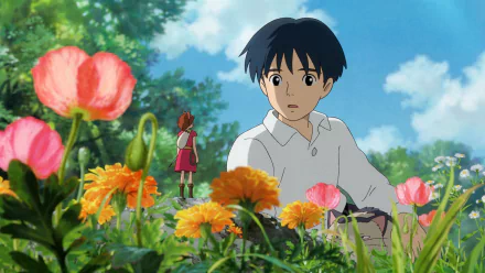 HD PC desktop wallpaper featuring a scene from the anime The Secret World of Arrietty, showing a boy and a tiny girl among vibrant flowers under a bright blue sky.