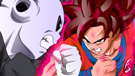 HD desktop wallpaper featuring Jiren and Goku from Dragon Ball Super facing off intensely in an anime-style artwork.