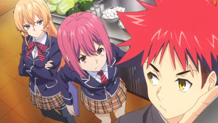 HD desktop wallpaper featuring characters Hisako Arato, Sōma Yukihira, and Erina Nakiri from the anime Food Wars: Shokugeki no Soma gathered in a kitchen.