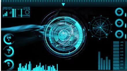A high-definition desktop wallpaper featuring a futuristic abstract design in black and blue, showcasing technology elements such as HUD interfaces and graphs.