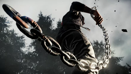inFAMOUS: Second Son HD PC desktop wallpaper showing Delsin Rowe from a low angle, swinging a heavy, glowing chain against a moody sky with silhouetted trees.