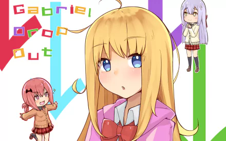 HD anime desktop wallpaper featuring Raphiel Shiraha Ainsworth, Gabriel Tenma White, and Satanichia Kurumizawa McDowell from Gabriel DropOut with vibrant colors.