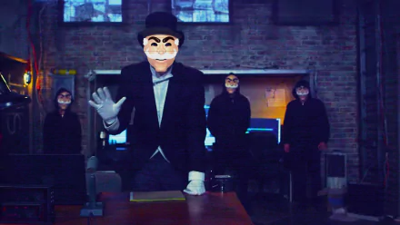 HD desktop wallpaper featuring a scene from the TV show Mr. Robot with four masked characters standing in a dimly lit room with brick walls and computer screens.