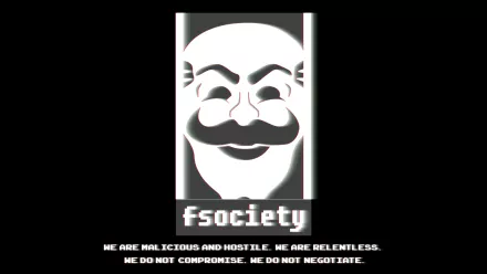 4K Ultra HD PC desktop wallpaper showing the white fsociety mask and pixelated fsociety caption on a black background — iconic graphic from the TV show Mr. Robot.