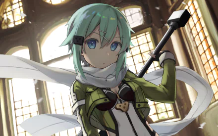 HD desktop wallpaper featuring Sinon (Shino Asada) from Sword Art Online II. The anime character is seen in a detailed, bright background with flowing scarf and weapon, exuding a strong, resolute presence.
