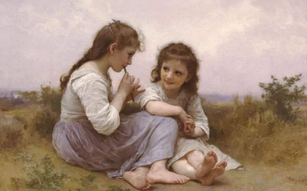A beautifully detailed HD drawing of two girls, one playing a flute, set against a serene landscape. This artistic image makes for an enchanting desktop wallpaper or background.