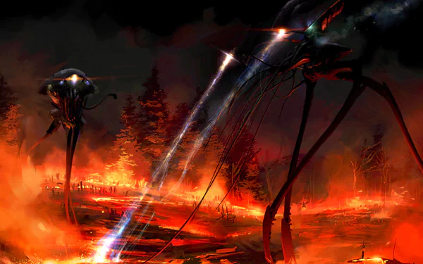 HD PC desktop wallpaper — War of the Worlds movie scene: towering tripod alien machines over a burning forest, glowing beams cutting a fiery nightscape.