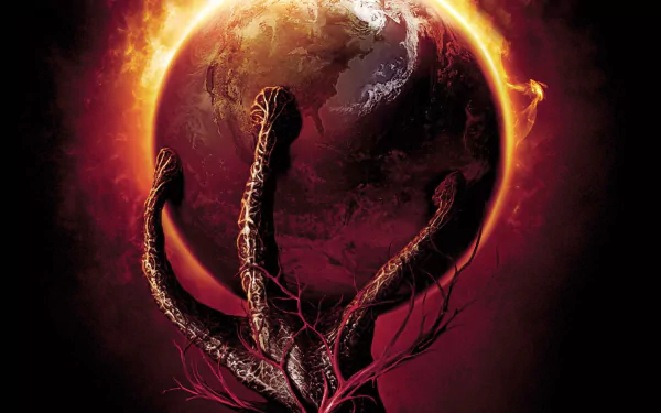 War Of The Worlds movie HD PC desktop wallpaper/background: burning red planet rimmed in fire, three dark twisted alien tentacles reaching toward it.
