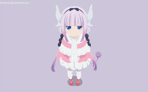 An HD desktop wallpaper featuring Kanna Kamui from the anime Miss Kobayashi's Dragon Maid. The character stands adorably in the center with a soft purple background.