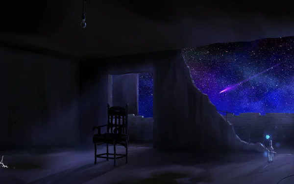 HD desktop wallpaper of an anime room with a broken wall revealing a vivid, star-studded night sky. The room features a single chair and a glowing light in the foreground.