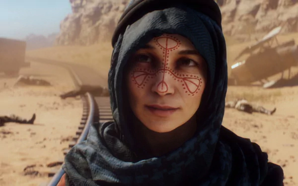 4K Ultra HD PC wallpaper featuring a close-up of a hooded character with red war paint, set in a desert environment from the video game Battlefield 1.