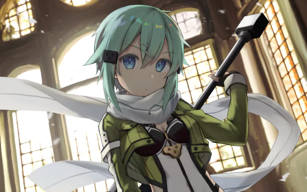 HD desktop wallpaper featuring Sinon (Shino Asada) from Sword Art Online II. The anime character is seen in a detailed, bright background with flowing scarf and weapon, exuding a strong, resolute presence.