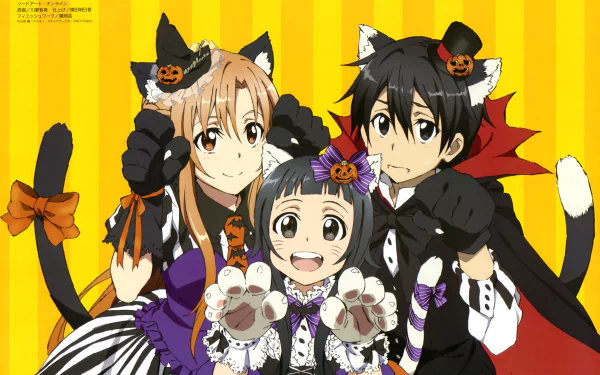Anime-style Sword Art Online characters dressed in Halloween costumes with cat ears and paws, set against a yellow striped background in 4K Ultra HD.