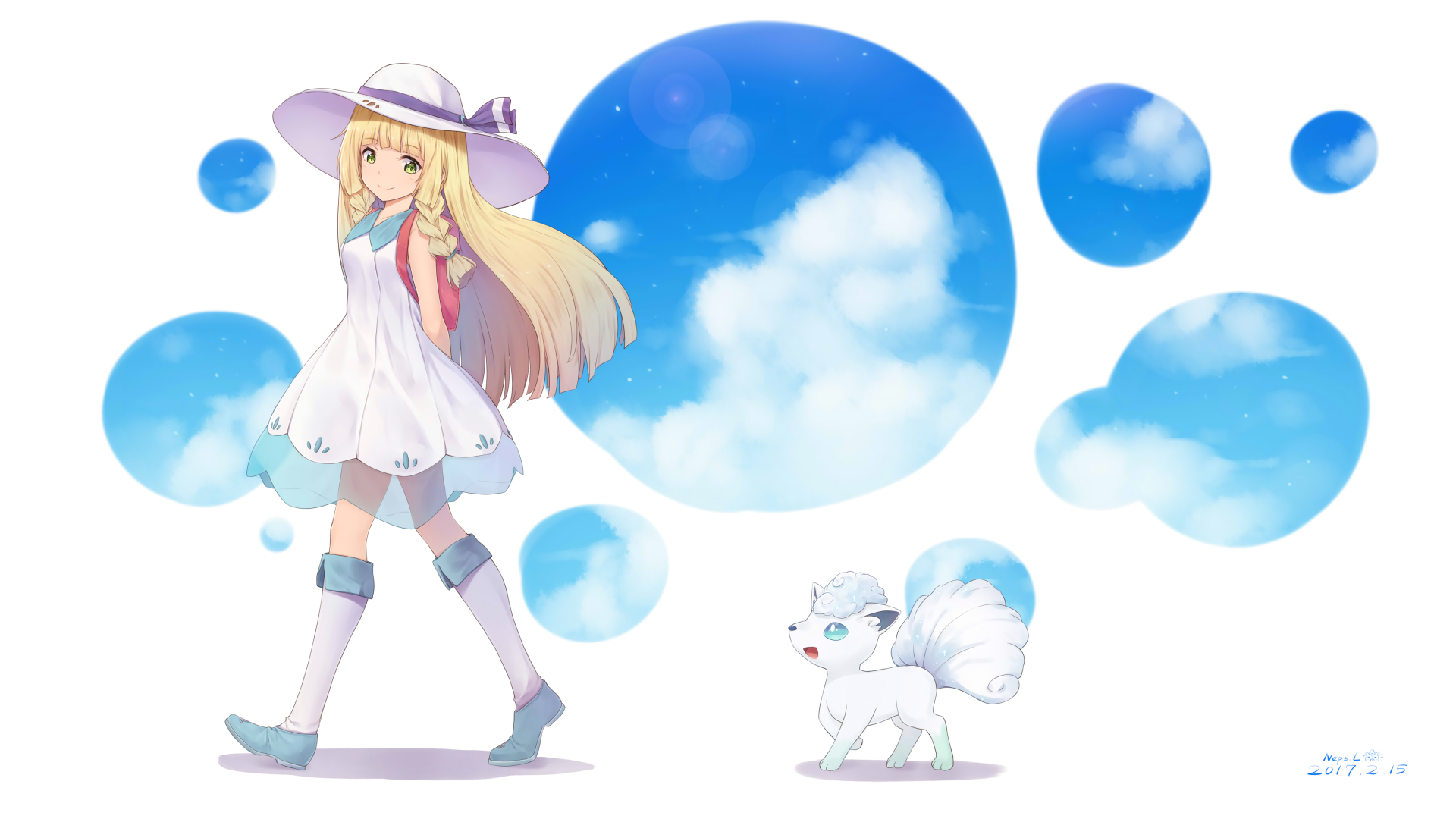 4K Ultra HD desktop wallpaper featuring a character and an Alolan Vulpix from the video game Pokémon: Sun and Moon against a background of blue sky and clouds in circular frames.