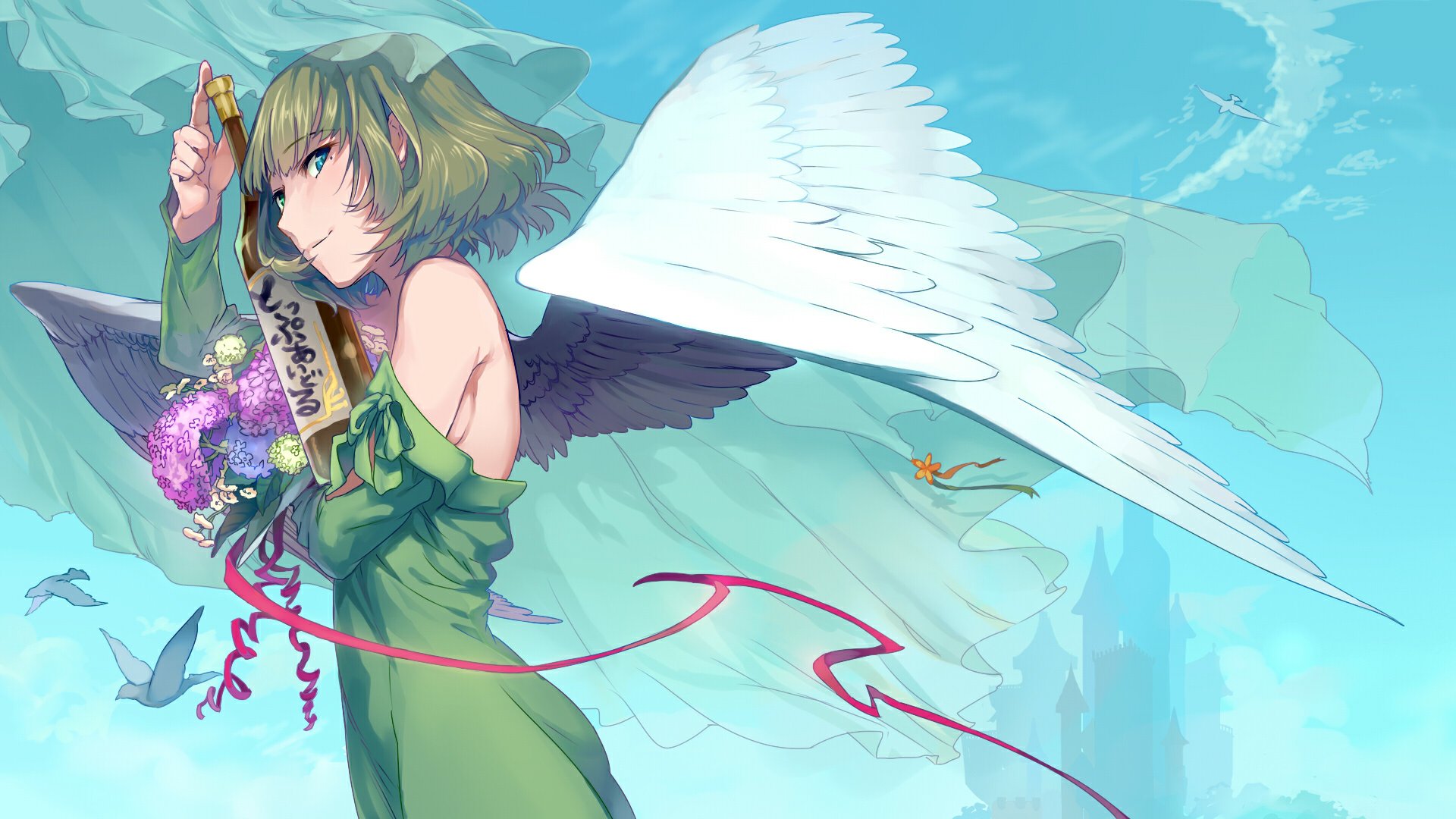 HD desktop wallpaper: Kaede Takagaki (The iDOLM@STER Cinderella Girls) — green‑haired anime idol in a flowing green dress with white angel wings, holding flowers and a bottle against a blue sky.