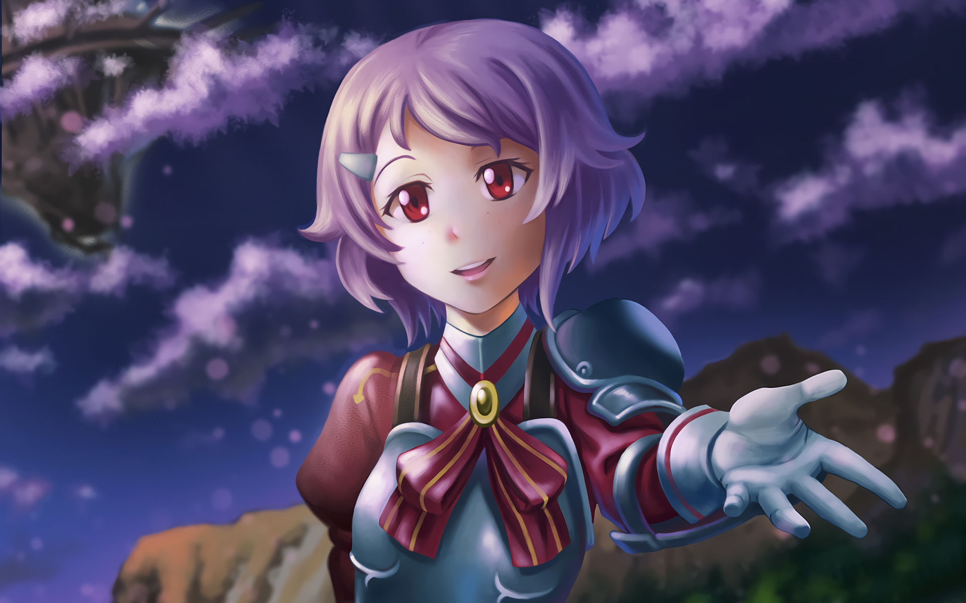 HD anime desktop wallpaper featuring Lisbeth (Rika Shinozaki) from Sword Art Online, extending a hand under a night sky with cherry blossoms and clouds.