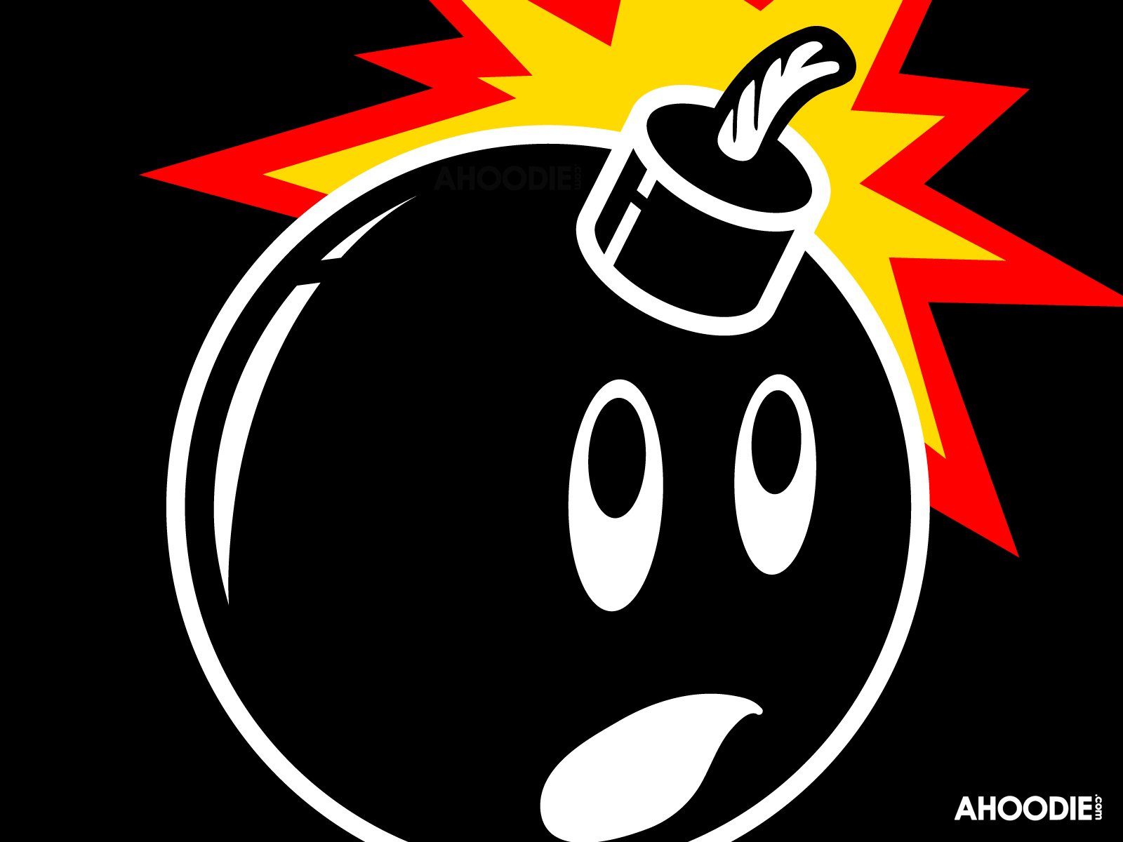 Funny HD PC desktop wallpaper featuring a cartoon-style black bomb with wide eyes and a lit fuse against a bold red and yellow explosion background.