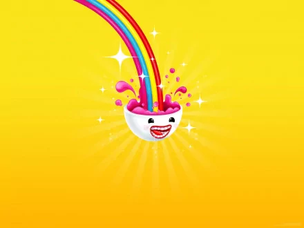 A colorful HD desktop wallpaper featuring a smiling white bowl pouring a vibrant rainbow, surrounded by playful splashes and a bright yellow background, radiating fun and positivity.