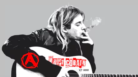 HD desktop wallpaper featuring Kurt Cobain of Nirvana, smoking while holding a guitar. Tagged with anarchy, singer, guitar, smoking, Nirvana, music, Kurt Cobain.