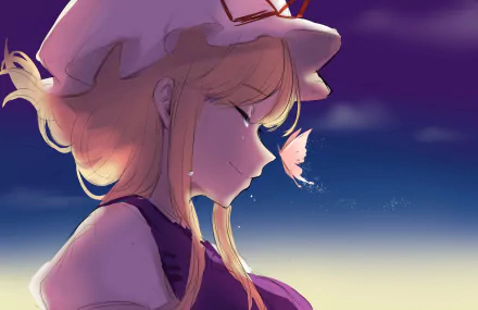 Anime character Yakumo Yukari with blond hair and a gentle smile, shows tears and a butterfly near her face. The HD desktop wallpaper displays an emotional scene from Touhou, set against a serene background.
