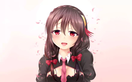 HD desktop wallpaper featuring Yunyun from the anime KonoSuba: God’s Blessing on this Wonderful World!!. She is smiling softly, with cherry blossom petals in the background.