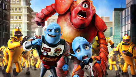 HD PC desktop wallpaper of Escape From Planet Earth movie: two blue alien astronauts and a red crab-like monster fleeing through a city as yellow-suited guards pursue