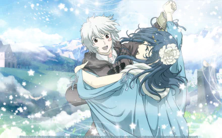 HD anime desktop wallpaper featuring Shion from No.6 holding a smiling girl with long blue hair in a snowy, mountainous landscape.