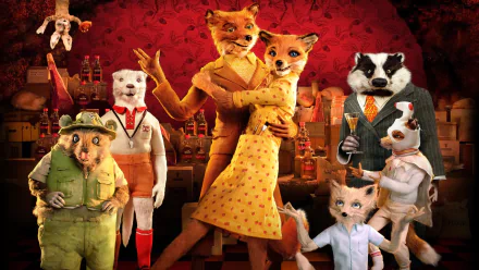 HD PC desktop wallpaper featuring Fantastic Mr. Fox movie characters: Mr. Fox and Mrs. Fox embrace amid their quirky animal friends in a warm, retro bar background.