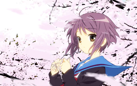 Yuki Nagato from The Melancholy of Haruhi Suzumiya in her school uniform beneath falling cherry blossoms — HD anime PC desktop wallpaper and background