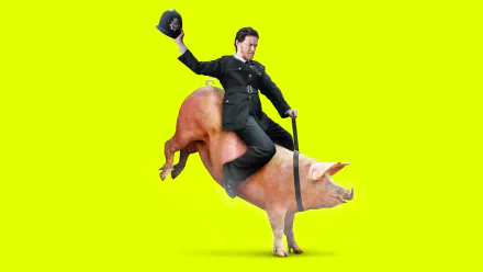 HD PC desktop wallpaper: movie-themed image of a uniformed man riding a pig on a neon green background, tagged filth.
